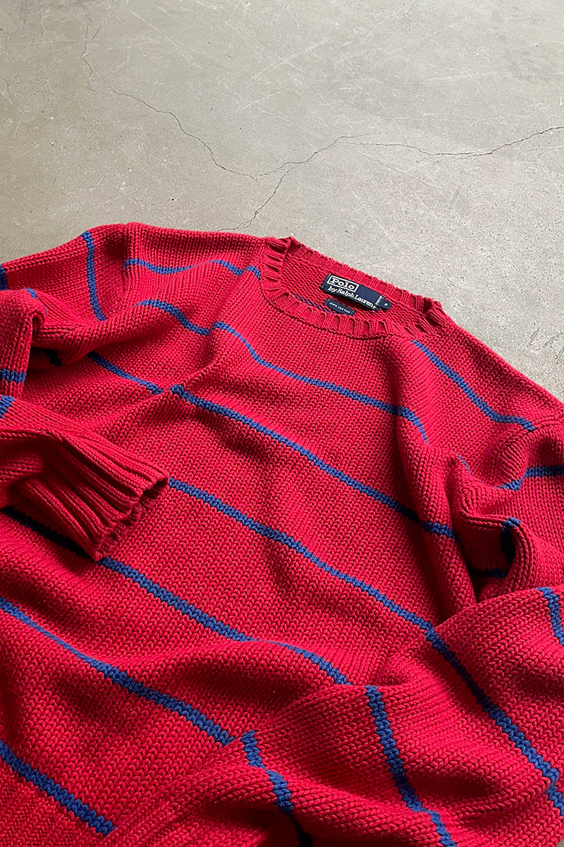 90'S COTTON BORDER KNIT SWEATER / RED [SIZE: M USED]