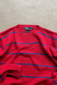 90'S COTTON BORDER KNIT SWEATER / RED [SIZE: M USED]