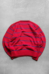 90'S COTTON BORDER KNIT SWEATER / RED [SIZE: M USED]