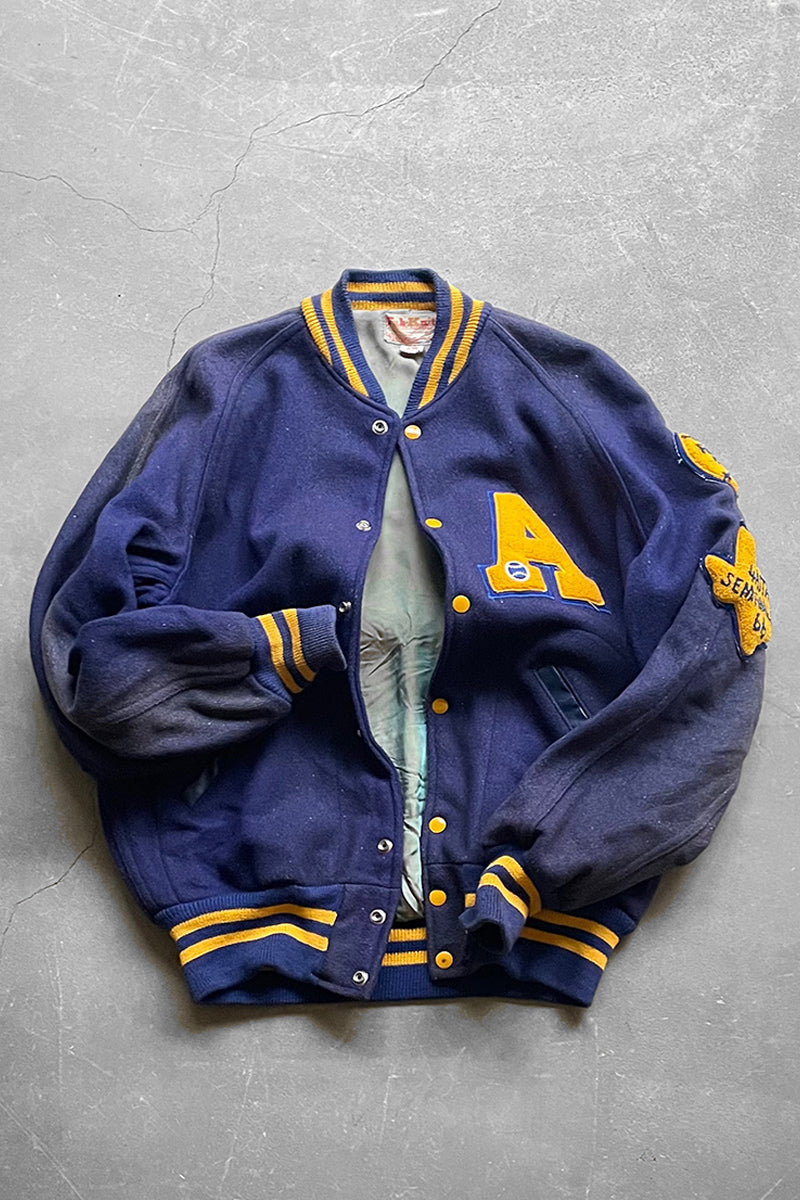 ジャケット・アウター Original patch stadium jacket (navy) LONE STAR Leather Stadium Jacket Size S Navy x Gray VINTAGE