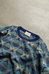 MADE IN ITALY 90'S COTTON ACRYLIC DESIGN KNIT SWEATER / BLUE  [SIZE: M USED]