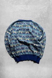 MADE IN ITALY 90'S COTTON ACRYLIC DESIGN KNIT SWEATER / BLUE  [SIZE: M USED]