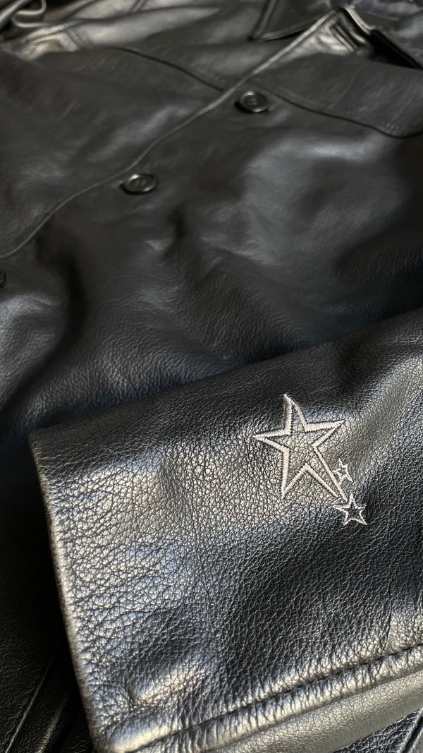 90'S LEATHER CAR COAT / BLACK [SIZE: M USED]