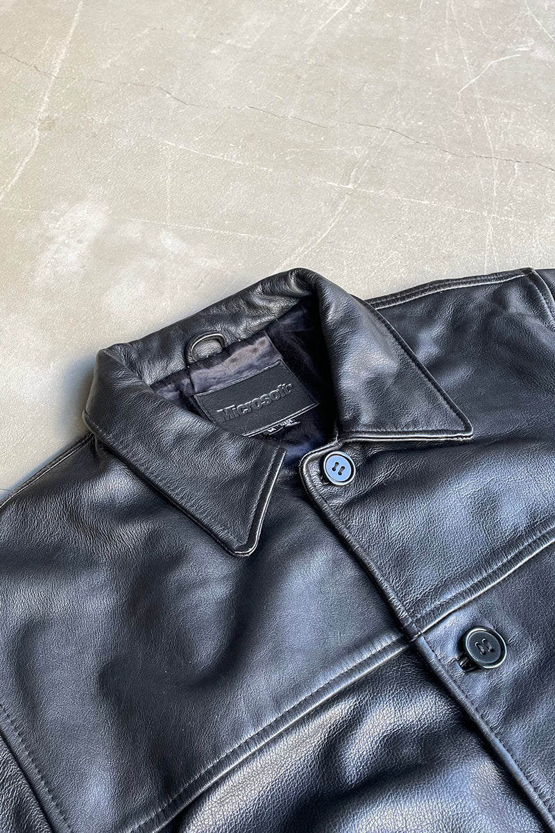 90'S LEATHER CAR COAT / BLACK [SIZE: M USED]