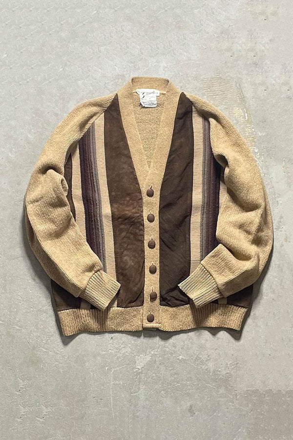MADE IN USA 70'S SUEDE WOOL KNIT CARDIGAN / BROWN [SIZE: L USED]
