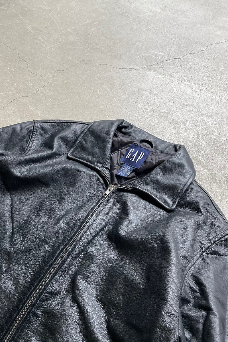 90'S ZIP UP LEATHER JACKET / BLACK [SIZE: M USED]