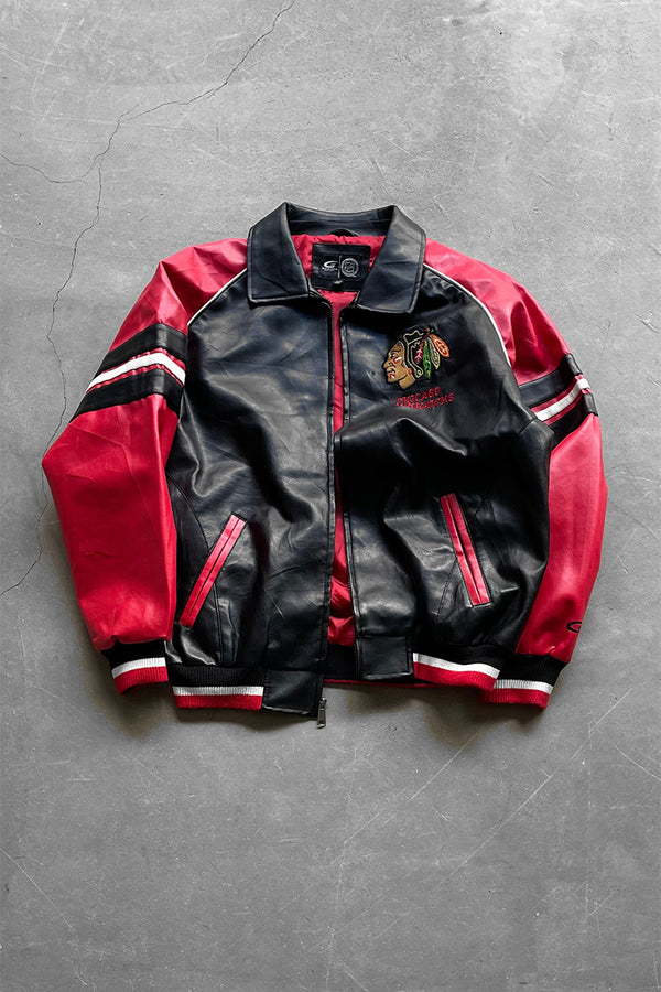 Y2K EARLY 00'S CHICAGO BLACKHAWKS VEGAN LEATHER STADIUM JACKET / BLACK [SIZE: L USED]