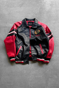 Y2K EARLY 00'S CHICAGO BLACKHAWKS VEGAN LEATHER STADIUM JACKET  / BLACK [SIZE: L USED]