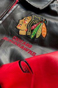 Y2K EARLY 00'S CHICAGO BLACKHAWKS VEGAN LEATHER STADIUM JACKET  / BLACK [SIZE: L USED]