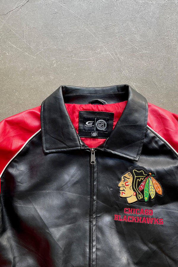 Y2K EARLY 00'S CHICAGO BLACKHAWKS VEGAN LEATHER STADIUM JACKET / BLACK [SIZE: L USED]
