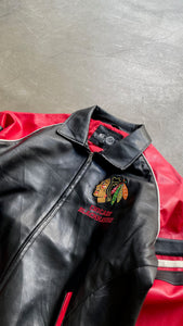 Y2K EARLY 00'S CHICAGO BLACKHAWKS VEGAN LEATHER STADIUM JACKET  / BLACK [SIZE: L USED]