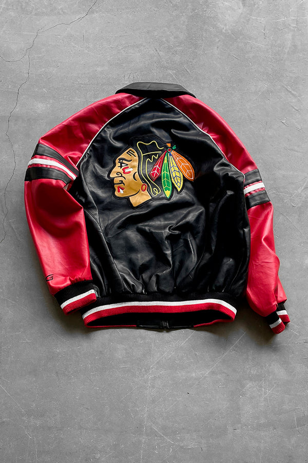 Y2K EARLY 00'S CHICAGO BLACKHAWKS VEGAN LEATHER STADIUM JACKET / BLACK [SIZE: L USED]