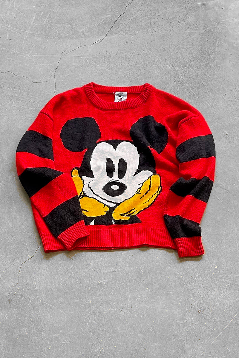 90s MICKEY PRINT CHARACTER SWEATER / RED [SIZE: M USED]