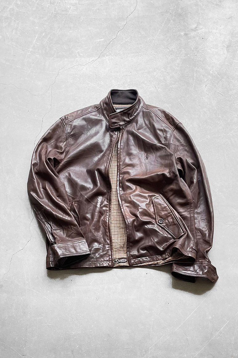 90'S LEATHER JACKET / BROWN [SIZE: L USED]