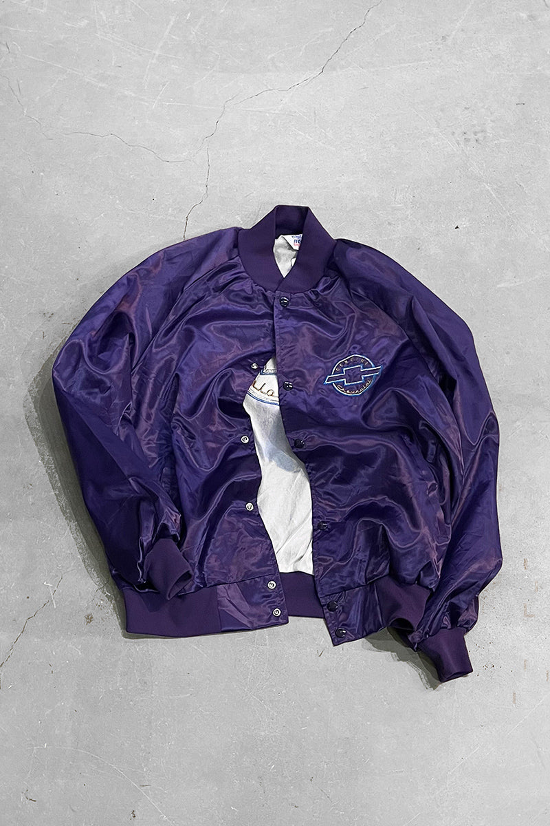 MADE IN USA 80'S CHEVROLET SATIN NYLON JACKET / PURPLE [SIZE: L USED]