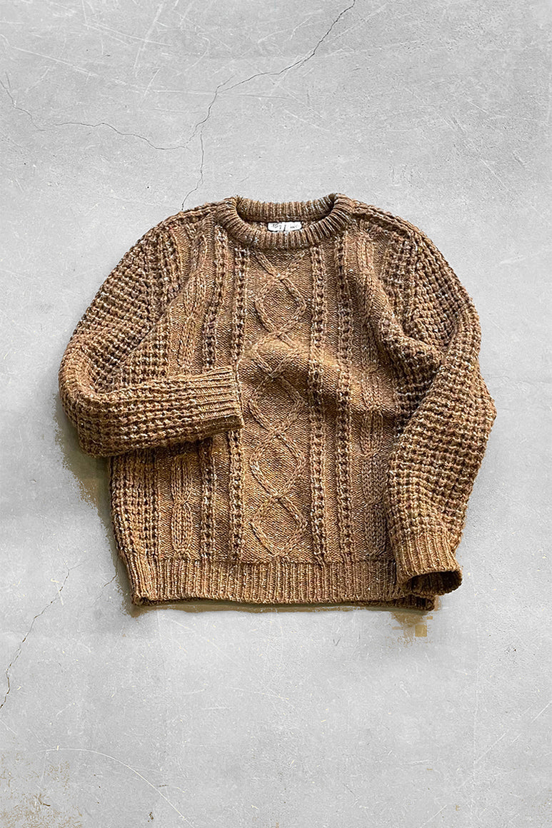 MADE IN IRELAND 80'S WOOL ARAN KNIT SWEATER / BROWN [SIZE: M USED]