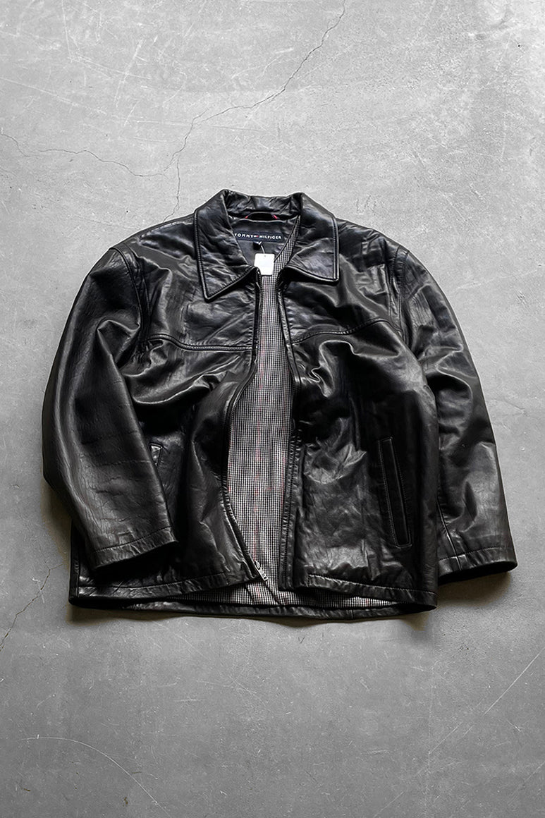 ZIP UP LEATHER JACKET / BLACK [SIZE: M USED]