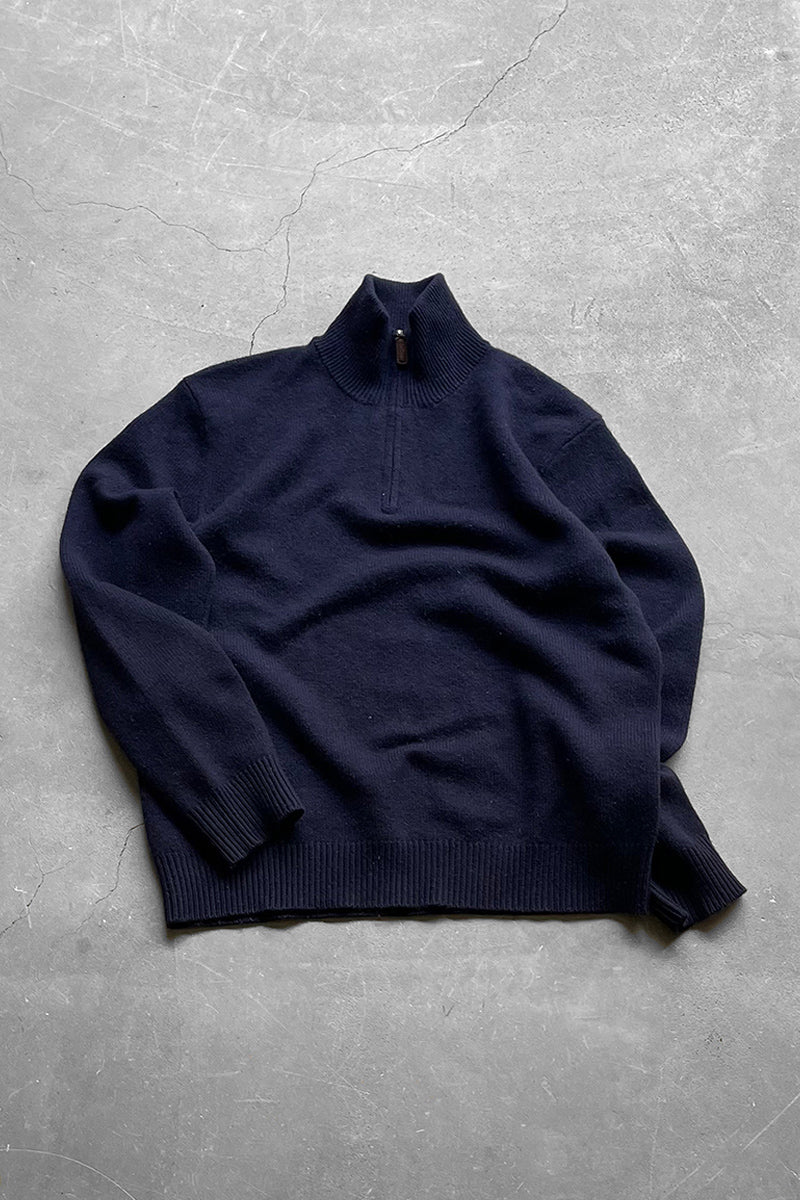 90'S EXCLUSIVE OF DECORATION HALF-ZIP CASHMERE KNIT SWEATER / NAVY [SIZE: L USED]