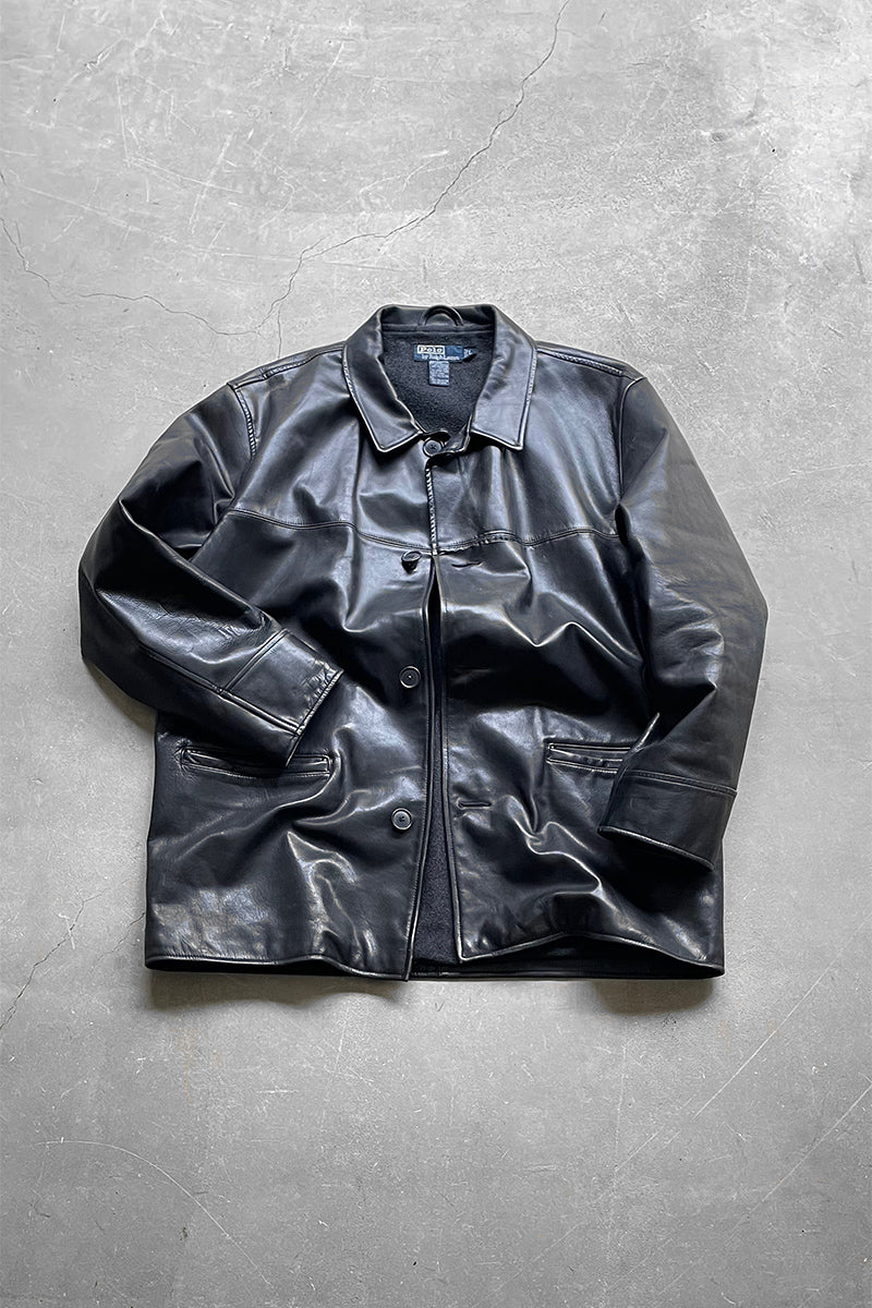 90'S LEATHER CAR COAT / BLACK [SIZE: L USED]