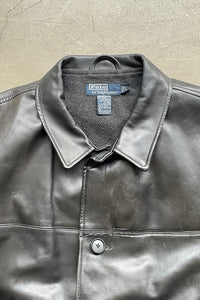 90'S LEATHER CAR COAT / BLACK [SIZE: L USED]