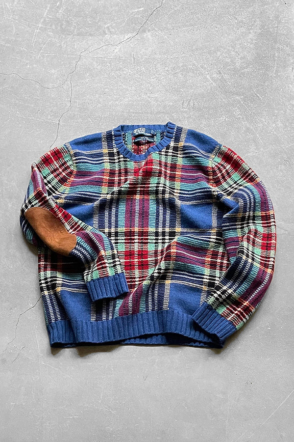 90's EXCLUSIVE DECORATED WOOL CHECK SWEATER / BLUE [SIZE: M USED]