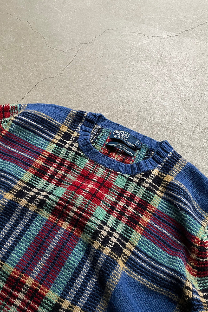 90's EXCLUSIVE DECORATED WOOL CHECK SWEATER / BLUE [SIZE: M USED]
