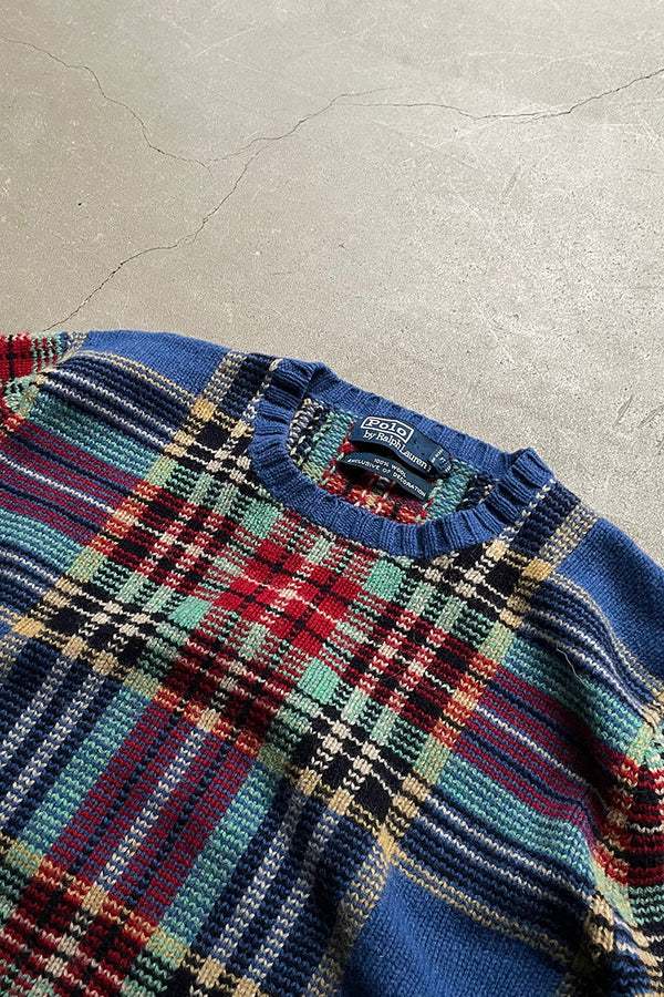90's EXCLUSIVE DECORATED WOOL CHECK SWEATER / BLUE [SIZE: M USED]