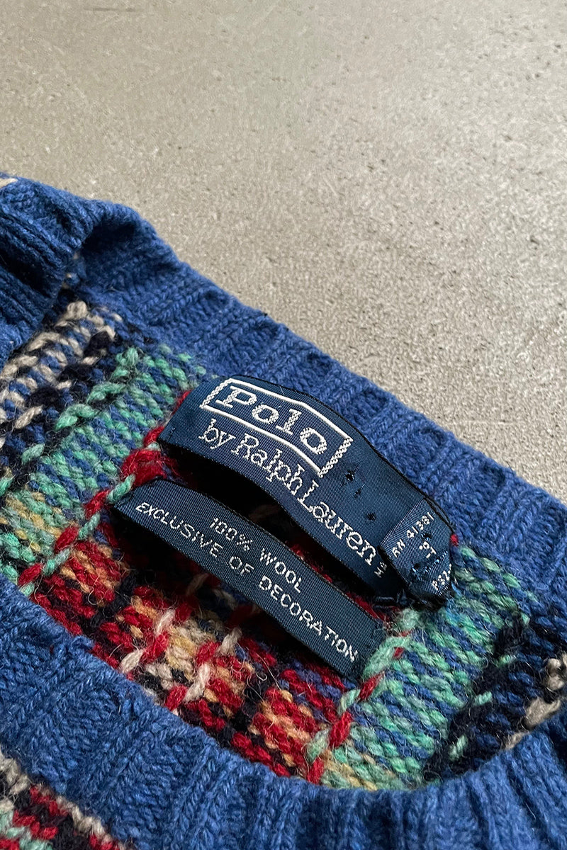 90's EXCLUSIVE DECORATED WOOL CHECK SWEATER / BLUE [SIZE: M USED]