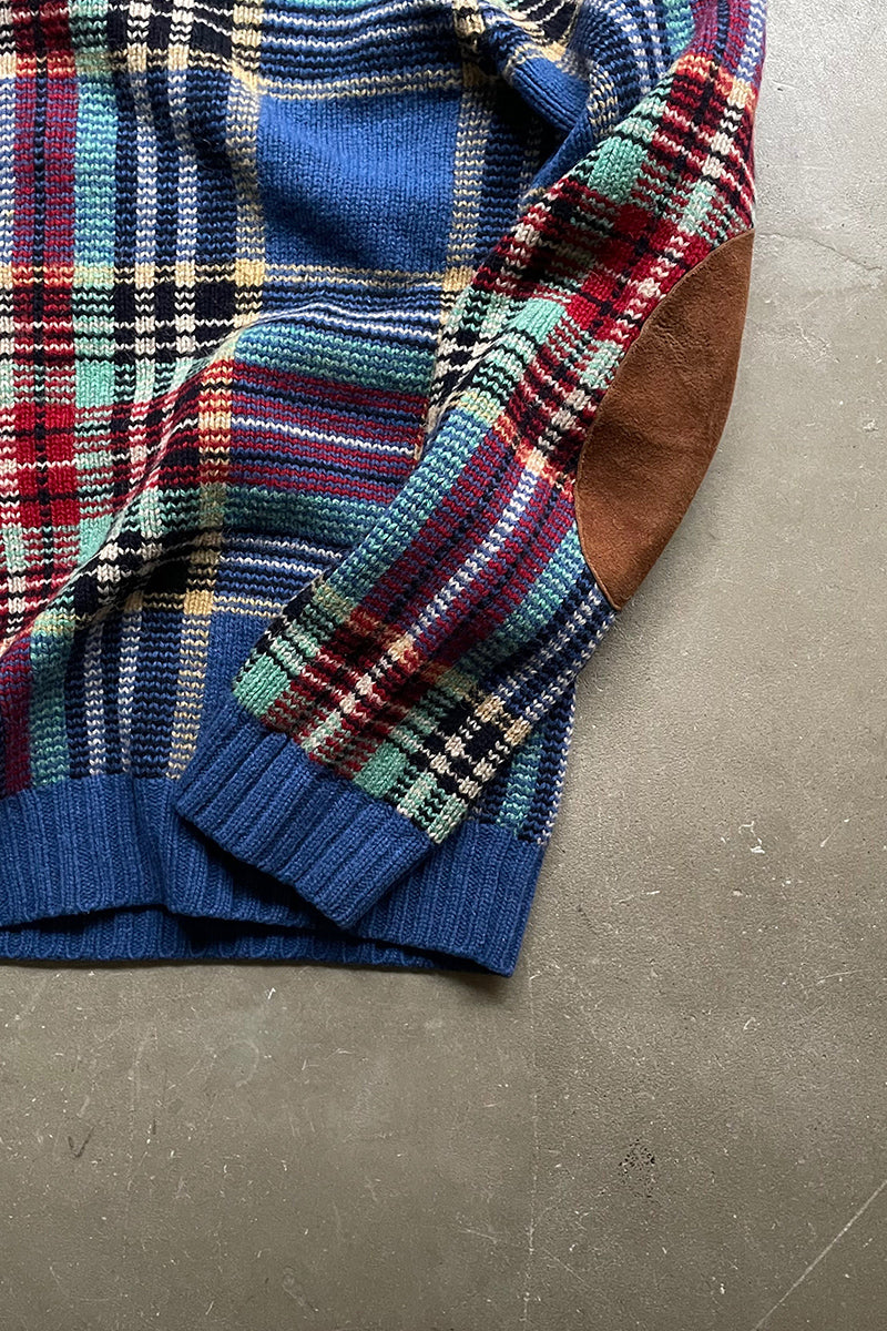 90's EXCLUSIVE DECORATED WOOL CHECK SWEATER / BLUE [SIZE: M USED]