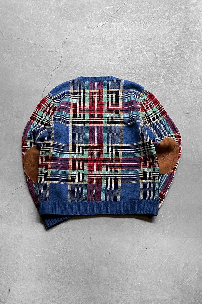 90's EXCLUSIVE DECORATED WOOL CHECK SWEATER / BLUE [SIZE: M USED]