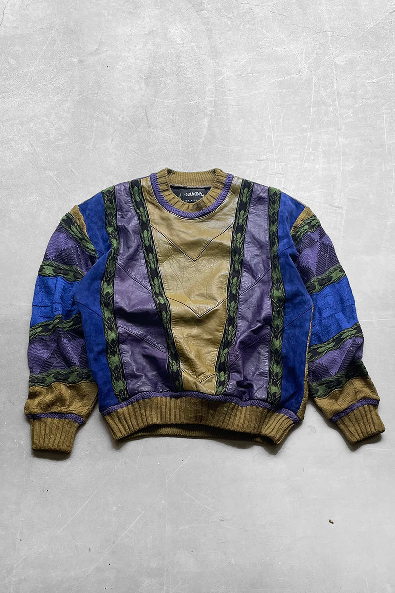 90'S LEATHER SWITCHING 3D KNIT SWEATER / MULCH [SIZE: M USED]