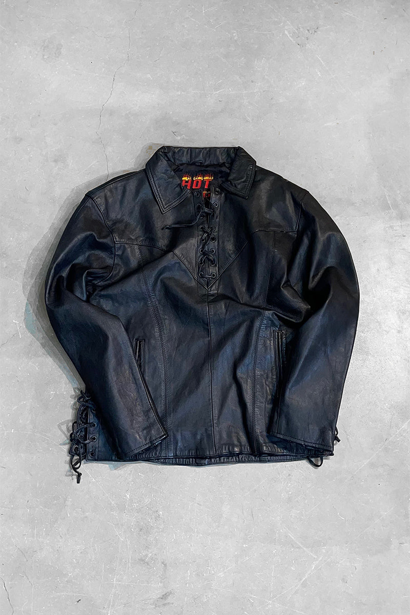 90'S PULL OVER LEATHER SKIPPER SHIRT JACKET / BLACK [SIZE: M USED]