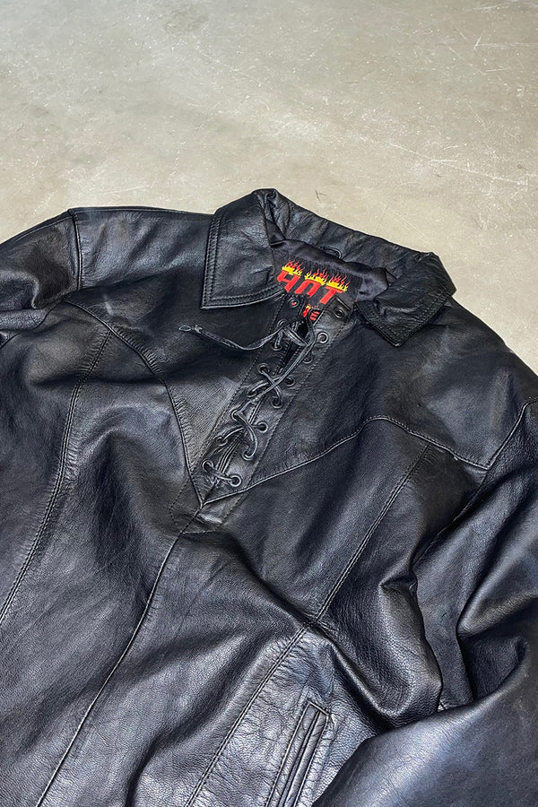 90'S PULL OVER LEATHER SKIPPER SHIRT JACKET / BLACK [SIZE: M USED]