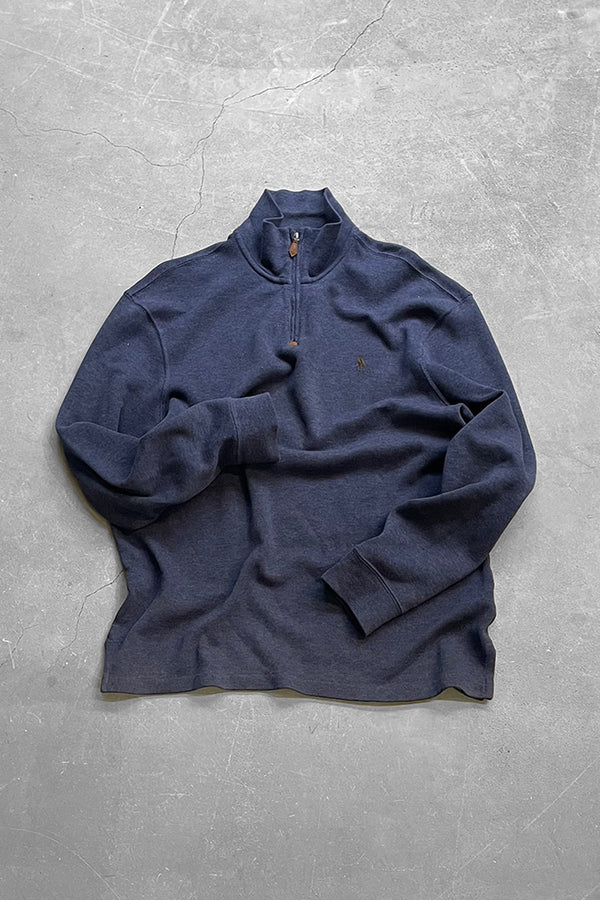 90'S EXCLUSIVE DECORATION HALF-ZIP SWEATSHIRT / NAVY [SIZE: M USED]