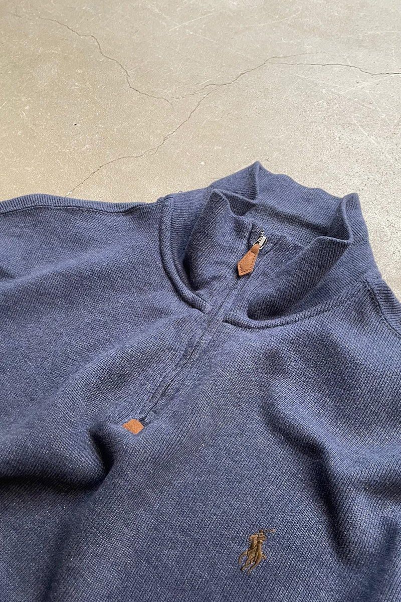 90'S EXCLUSIVE DECORATION HALF-ZIP SWEATSHIRT / NAVY [SIZE: M USED]