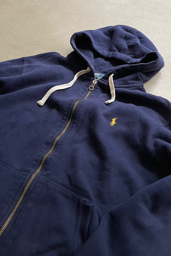 90'S EXCLUSIVE DECORATION ZIP UP SWEAT HOODIE / NAVY [SIZE: XL USED]
