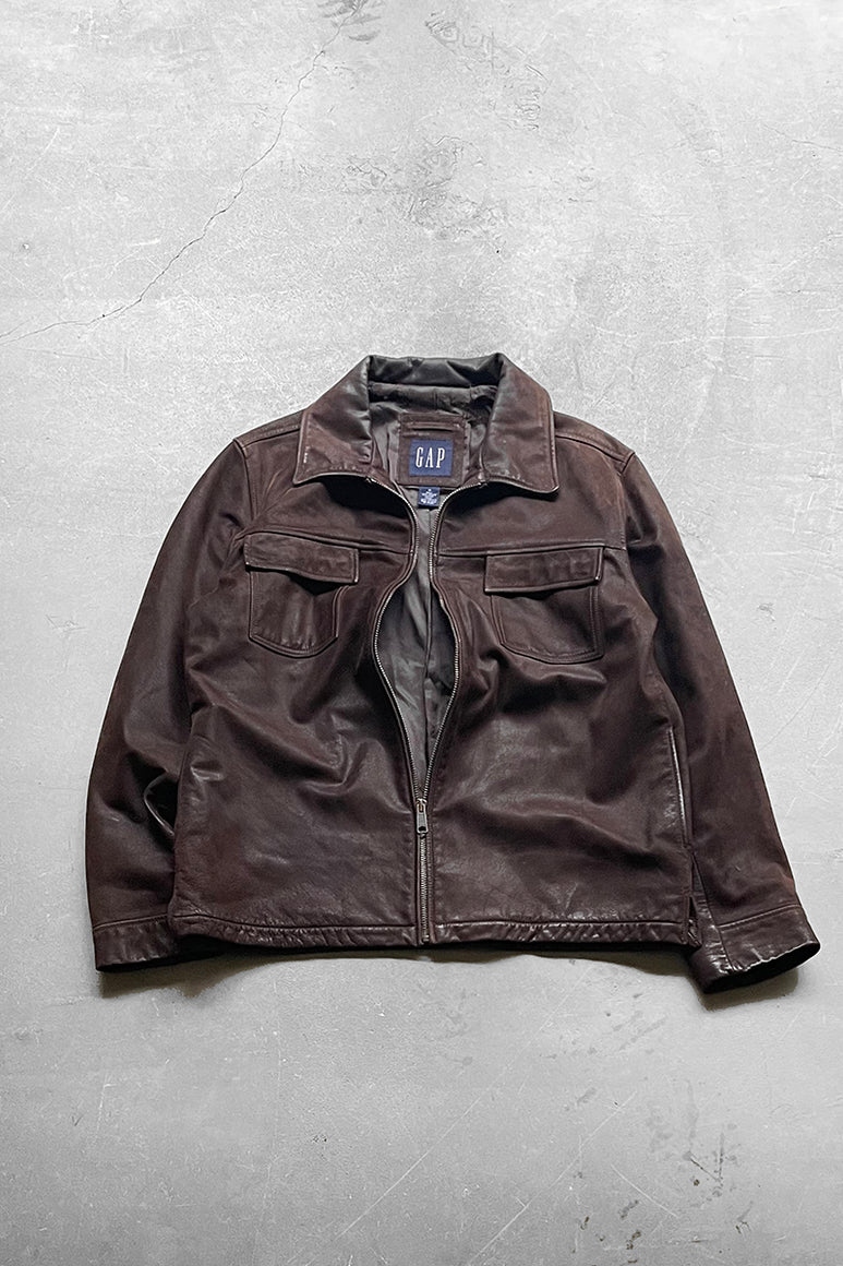 90'S LEATHER JACKET / BROWN [SIZE: M USED]