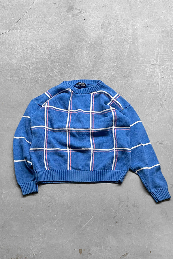 90'S CHECK COTTON KNIT SWEATER / BLUE [SIZE: L USED]