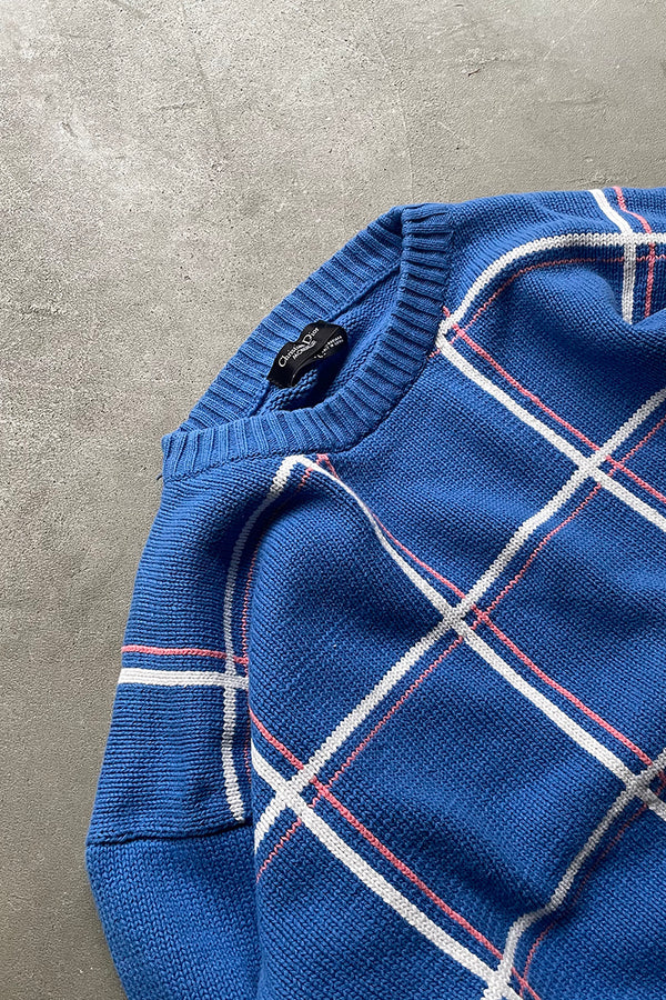 90'S CHECK COTTON KNIT SWEATER / BLUE [SIZE: L USED]