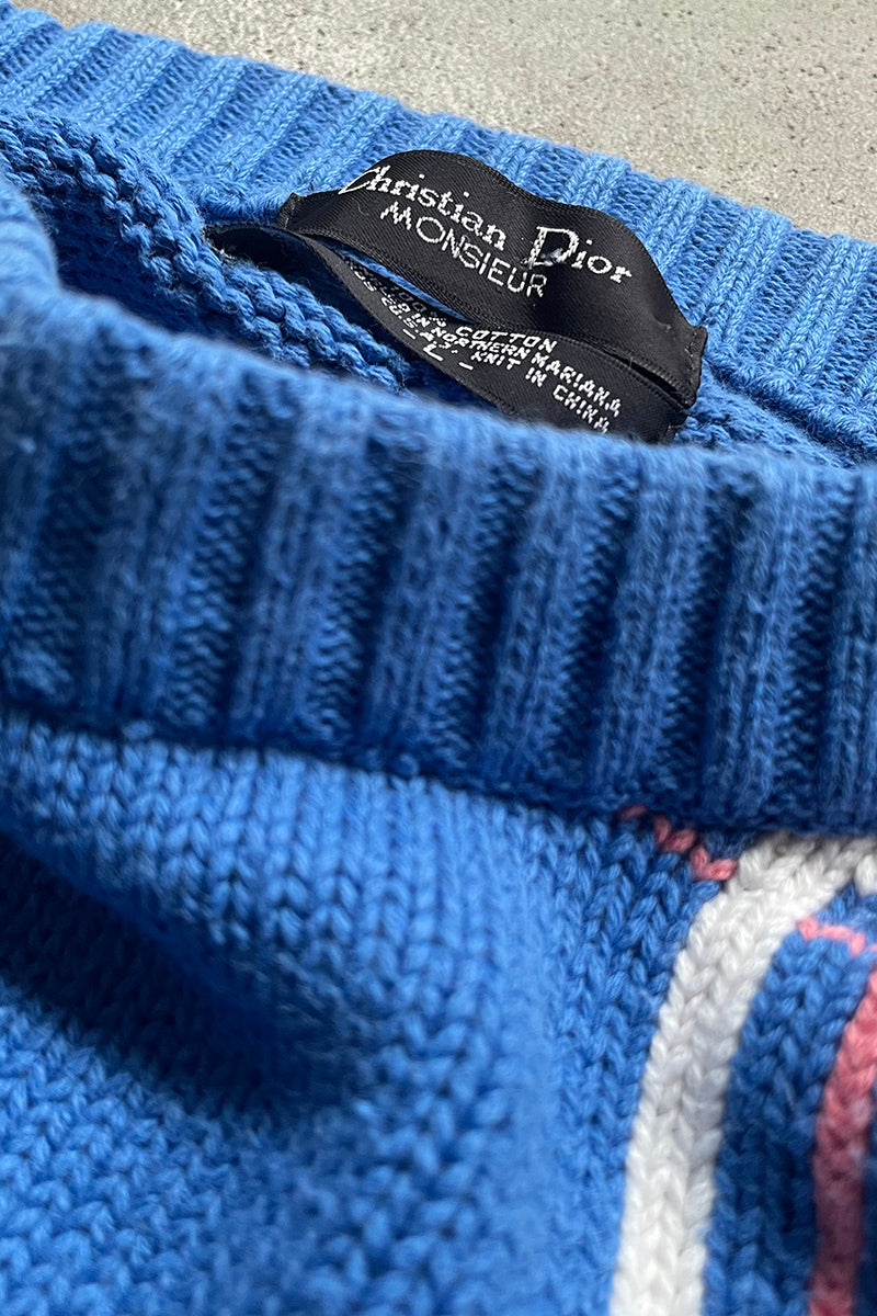 90'S CHECK COTTON KNIT SWEATER / BLUE [SIZE: L USED]