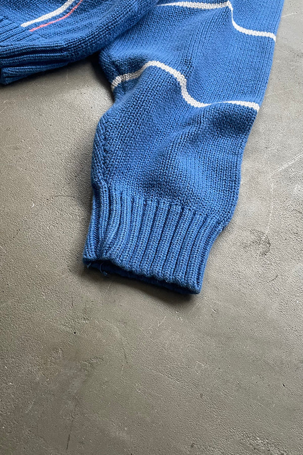 90'S CHECK COTTON KNIT SWEATER / BLUE [SIZE: L USED]