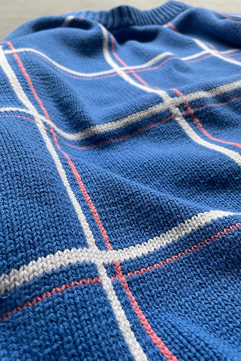 90'S CHECK COTTON KNIT SWEATER / BLUE [SIZE: L USED]