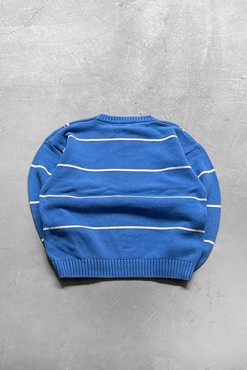 90'S CHECK COTTON KNIT SWEATER / BLUE [SIZE: L USED]