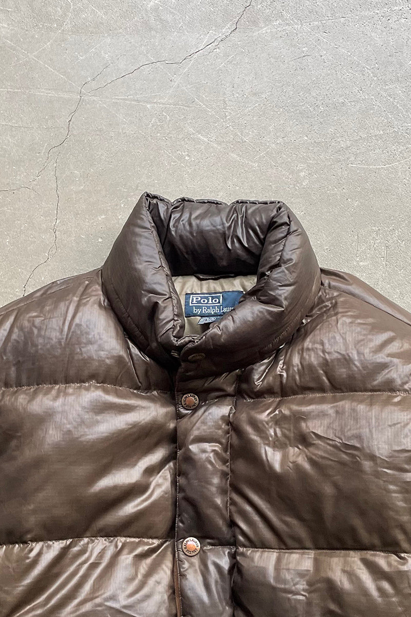 90'S EXCLUSIVE OF DECORATION RIPSTOP NYLON DOWN JACKET / BROWN [SIZE: M USED]