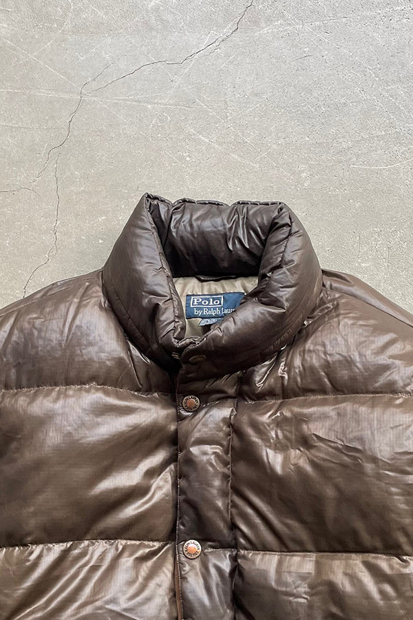 90'S EXCLUSIVE OF DECORATION RIPSTOP NYLON DOWN JACKET / BROWN [SIZE: M USED]