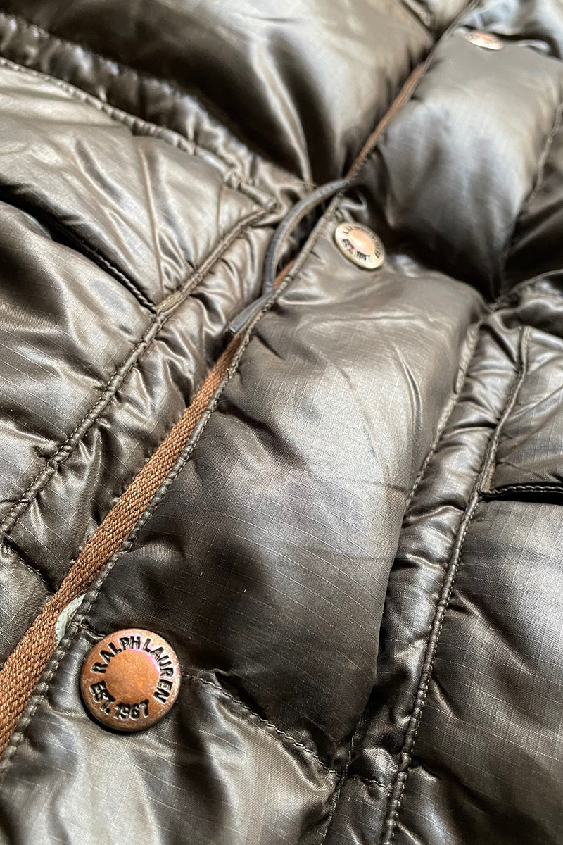 90'S EXCLUSIVE OF DECORATION RIPSTOP NYLON DOWN JACKET / BROWN [SIZE: M USED]