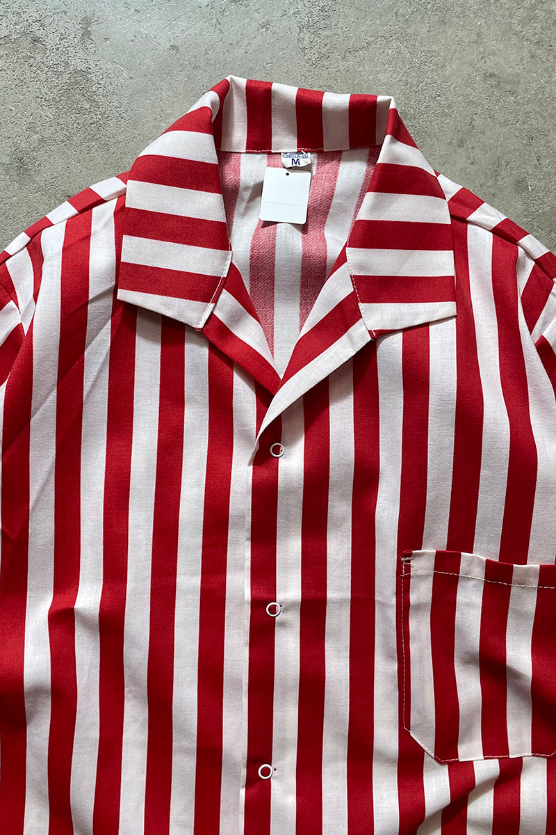 S/S STRIPE OPEN COLLAR LINEN SHIRT / RED [SIZE: M USED]