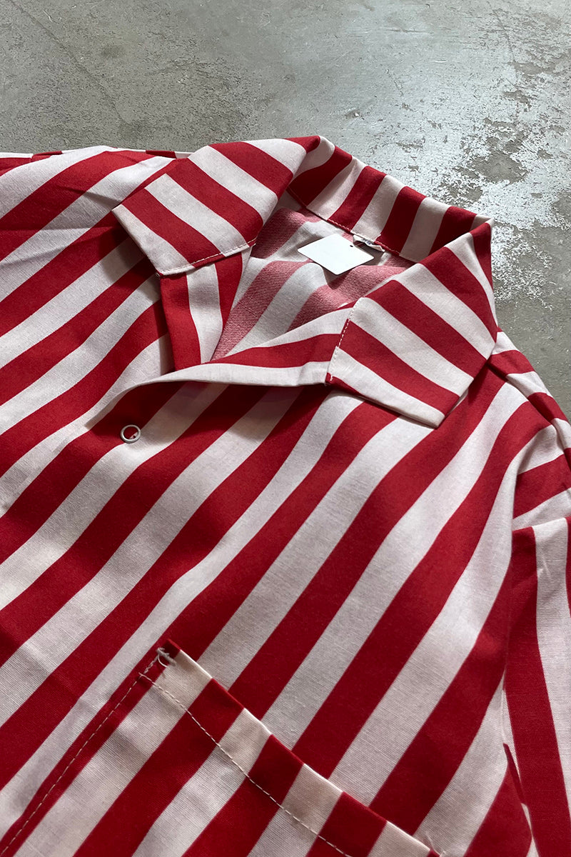 S/S STRIPE OPEN COLLAR LINEN SHIRT / RED [SIZE: M USED]