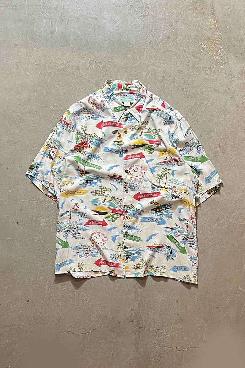 90'S S/S HAWAIIAN PATTERN RAYON SHIRT / WHITE [SIZE: L USED]