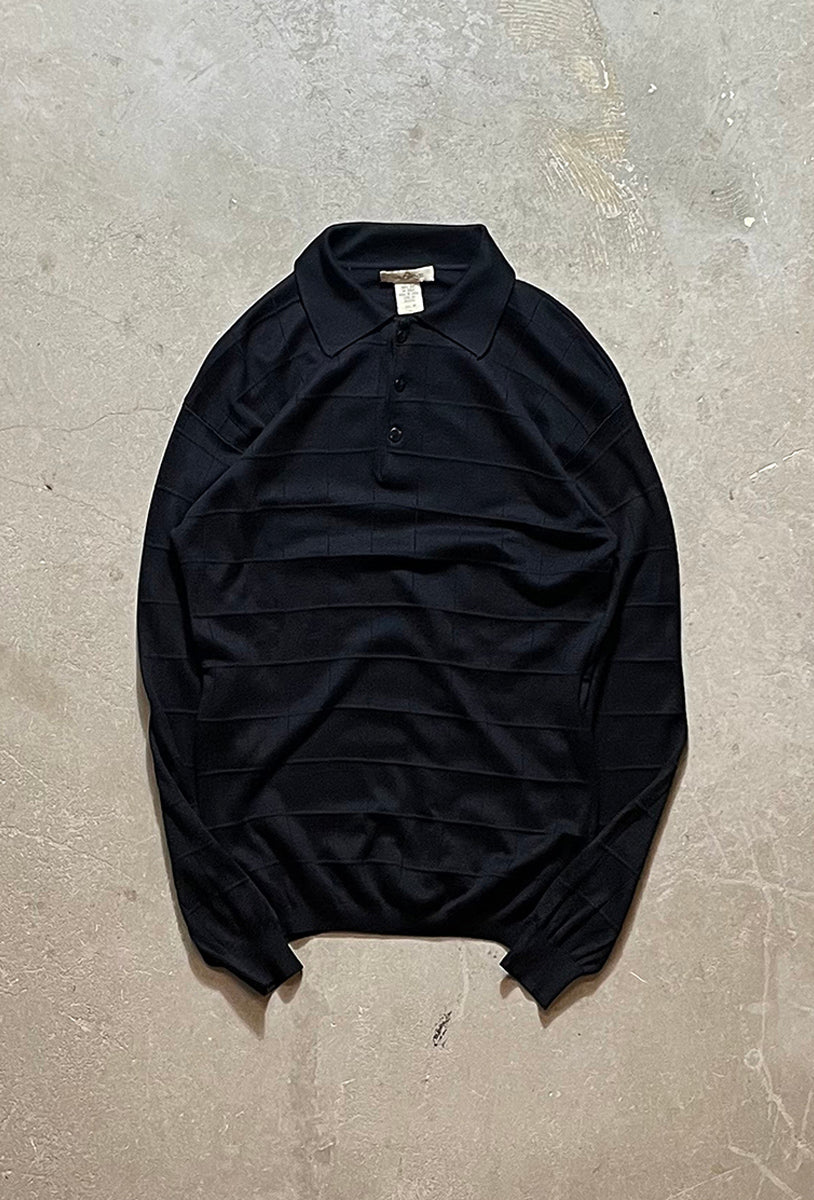 90's Long-Sleeve Checked Design Silk Knit Polo Shirt / Black [SIZE: M USED]